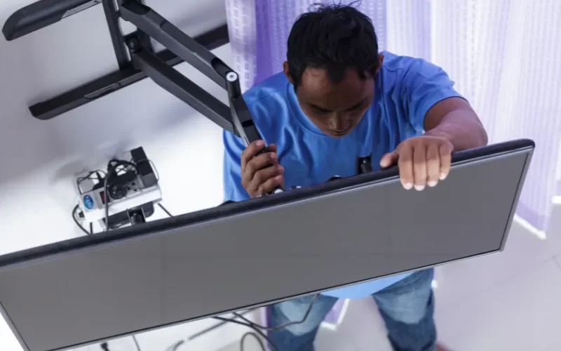 Técnico diagnosticando tv con problemas para encender